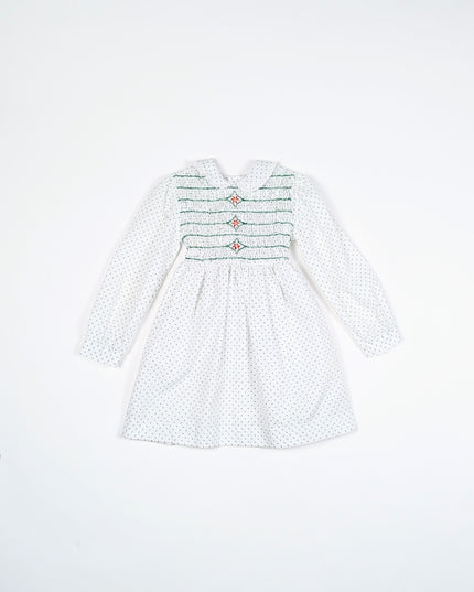 Robe vintage blanche à pois verts - 3-5y
