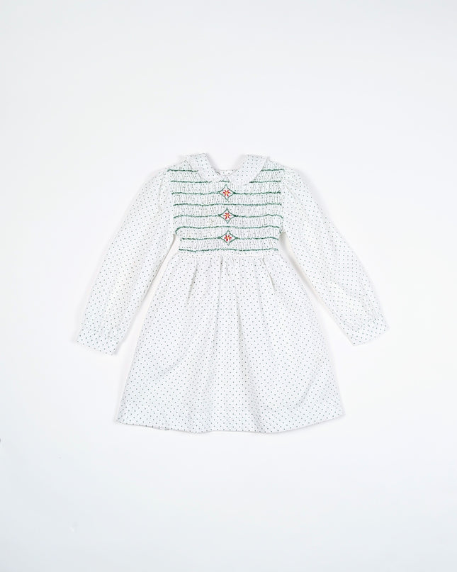 Robe vintage blanche à pois verts - 3-5y