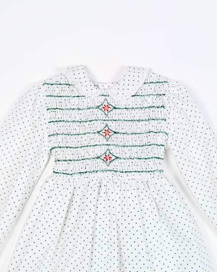 Robe vintage blanche à pois verts - 3-5y