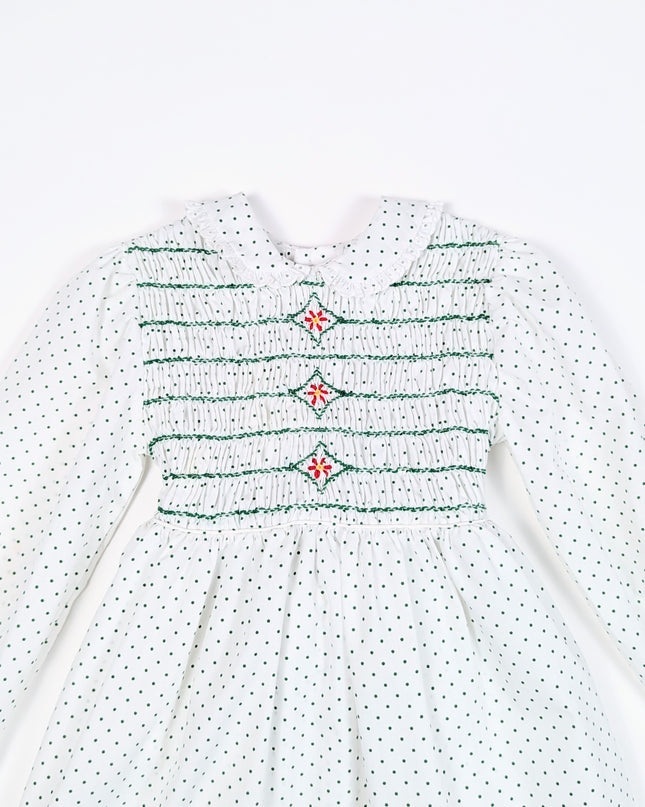 Robe vintage blanche à pois verts - 3-5y